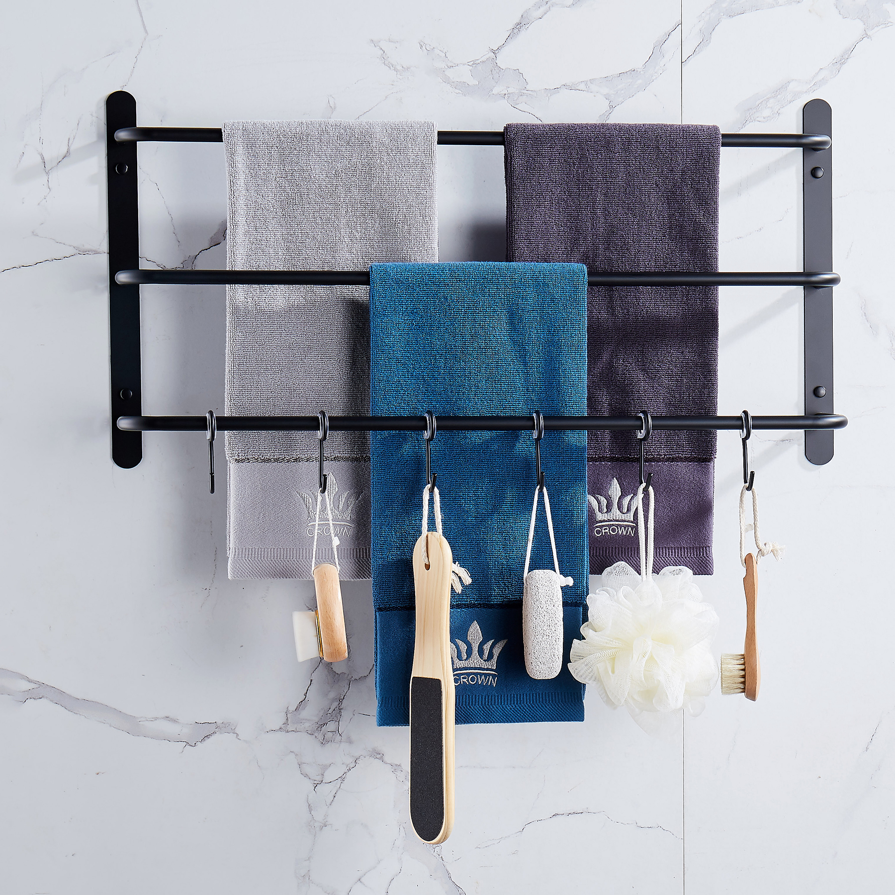 three-stagger-layers-towel-rack-upgraded-with-six-movable-hooks-stainless-steel-towel-bars-bathroom-accessories-set-for-hanging-bath-sponge-and-towels-matte-black-23-62-inches-kjwy005hei-60cm